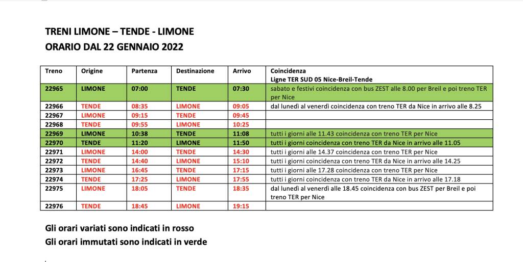 Nuovi orari Limone-Tenda gennaio 2022